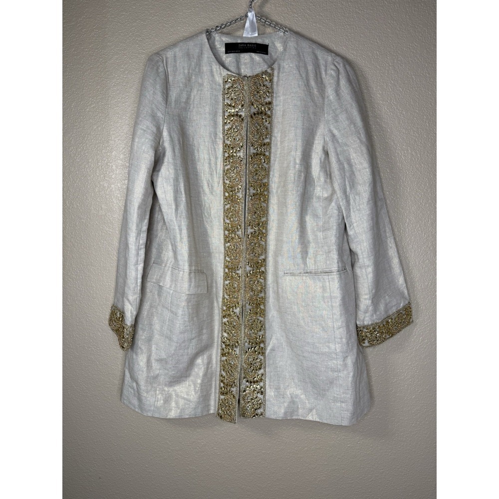 Zara Basic Metallic Gold Jacket Sz M Beaded Embellished Boho Chic Blazer